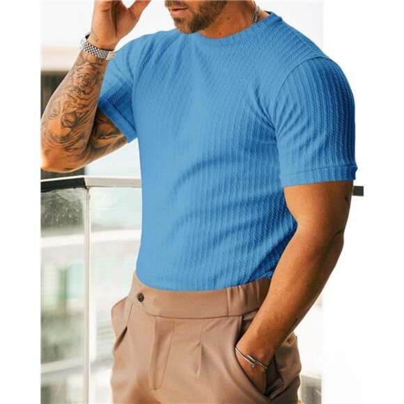 Men's Ribbed Knit T Shirts Short Sleeve Crew Neck Slim Fit Stretchy Muscle Shirt - Picture 3 of 4